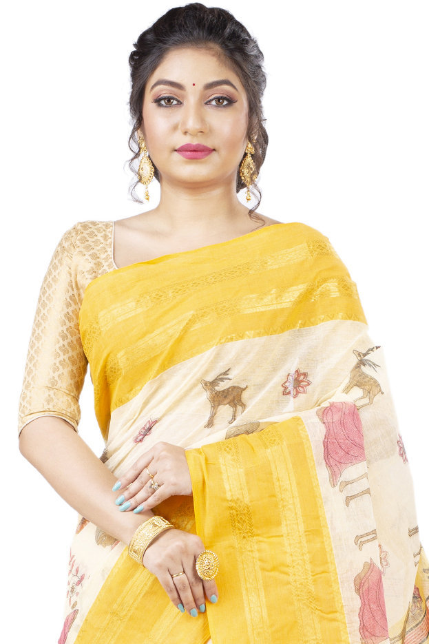 Yellow Pure Cotton Sakuntala Tant Saree Print (1956)